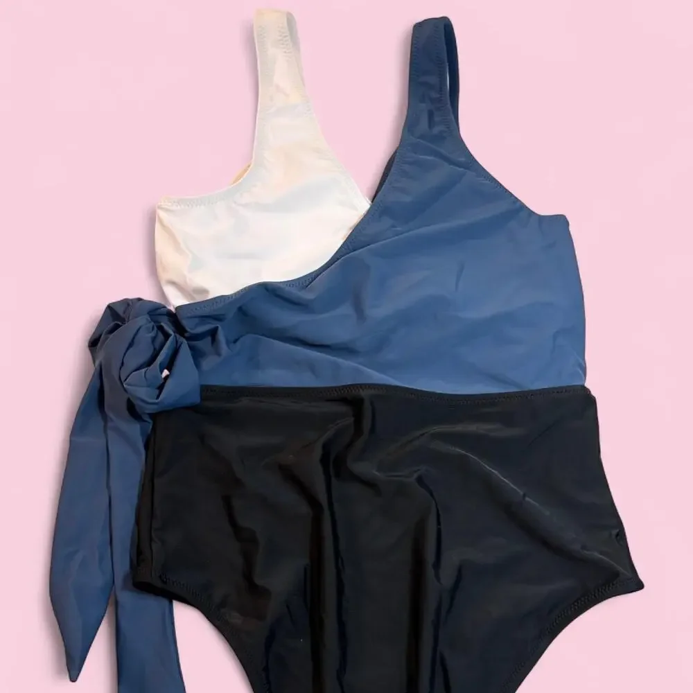 Nwt cupshe one piece womens wrap swimsuit blue, black, white - Picture 2 of 4